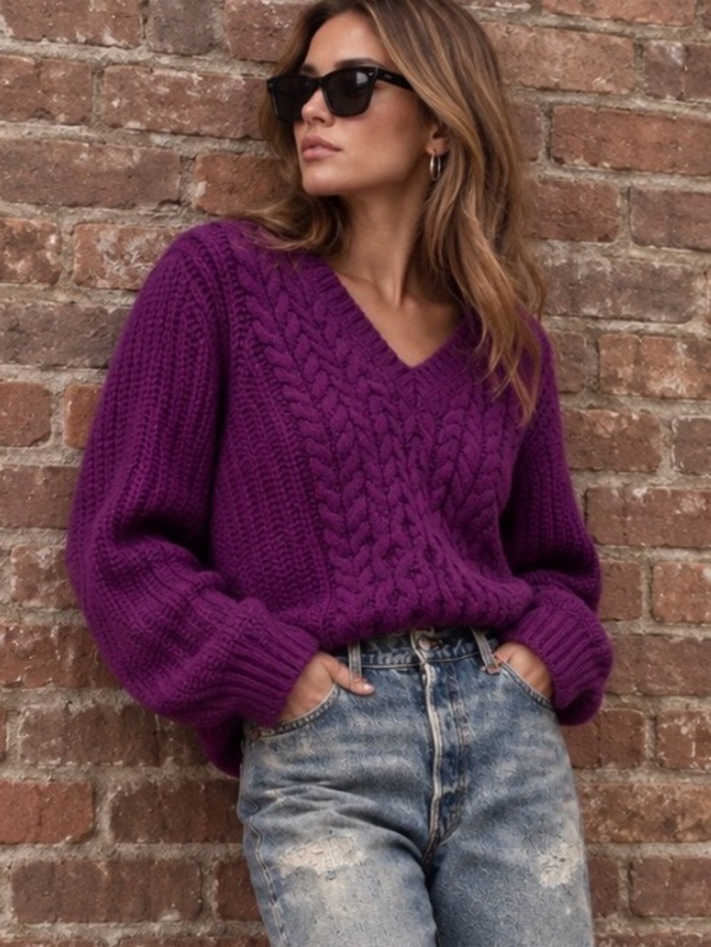 JOIE Menara Wool Cable Sweater Cropped V-neck Purple Phlow S, X L MSRP $348